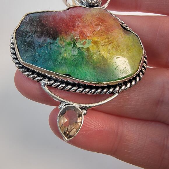 Handmade Sterling Silver Pendant with Rainbow Fluorite Garnet and Smoky Quartz - Picture 6 of 10